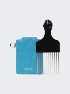 Botter Afro Comb With Padded Leather Bag Blue