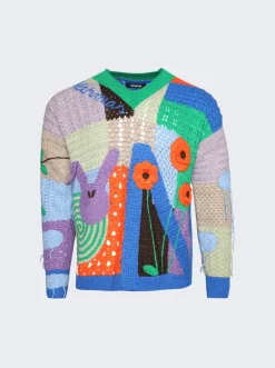NAHMIAS California Poetry Crochet V-Neck Sweater Rainbow