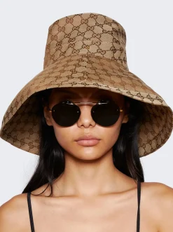 Gucci Canvas Gg Wide Brim Hat Beige