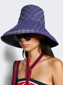 Gucci Canvas Gg Wide Brim Hat Blue
