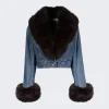 Alexander Wang Cropped Faux Fur-Trimmed Denim Jacket Vintage Indigo