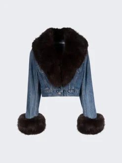 Alexander Wang Cropped Faux Fur-Trimmed Denim Jacket Vintage Indigo