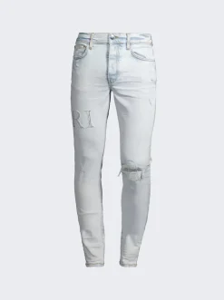 Amiri Crystal Logo Distressed Jeans Bleached Indigo
