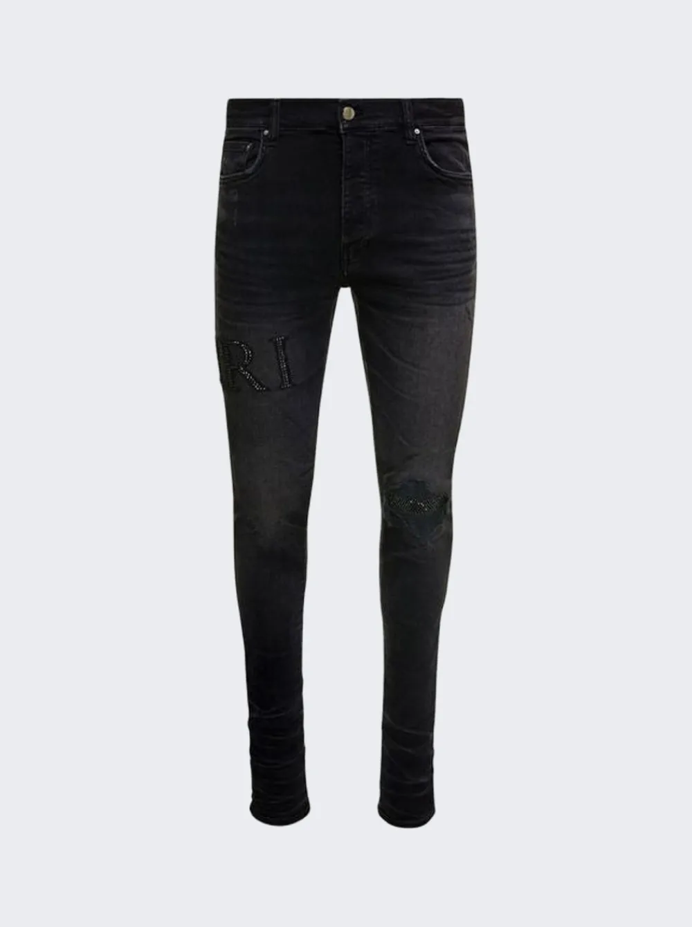 Amiri Crystal Logo Distressed Jeans Faded Black