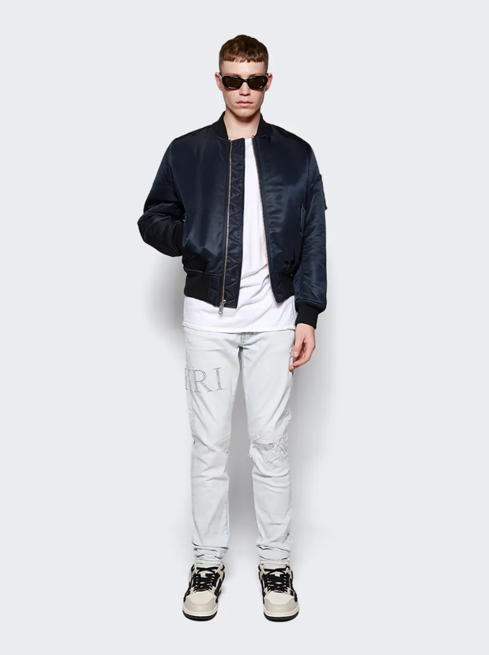 Amiri Crystal Logo Distressed Jeans Bleached Indigo