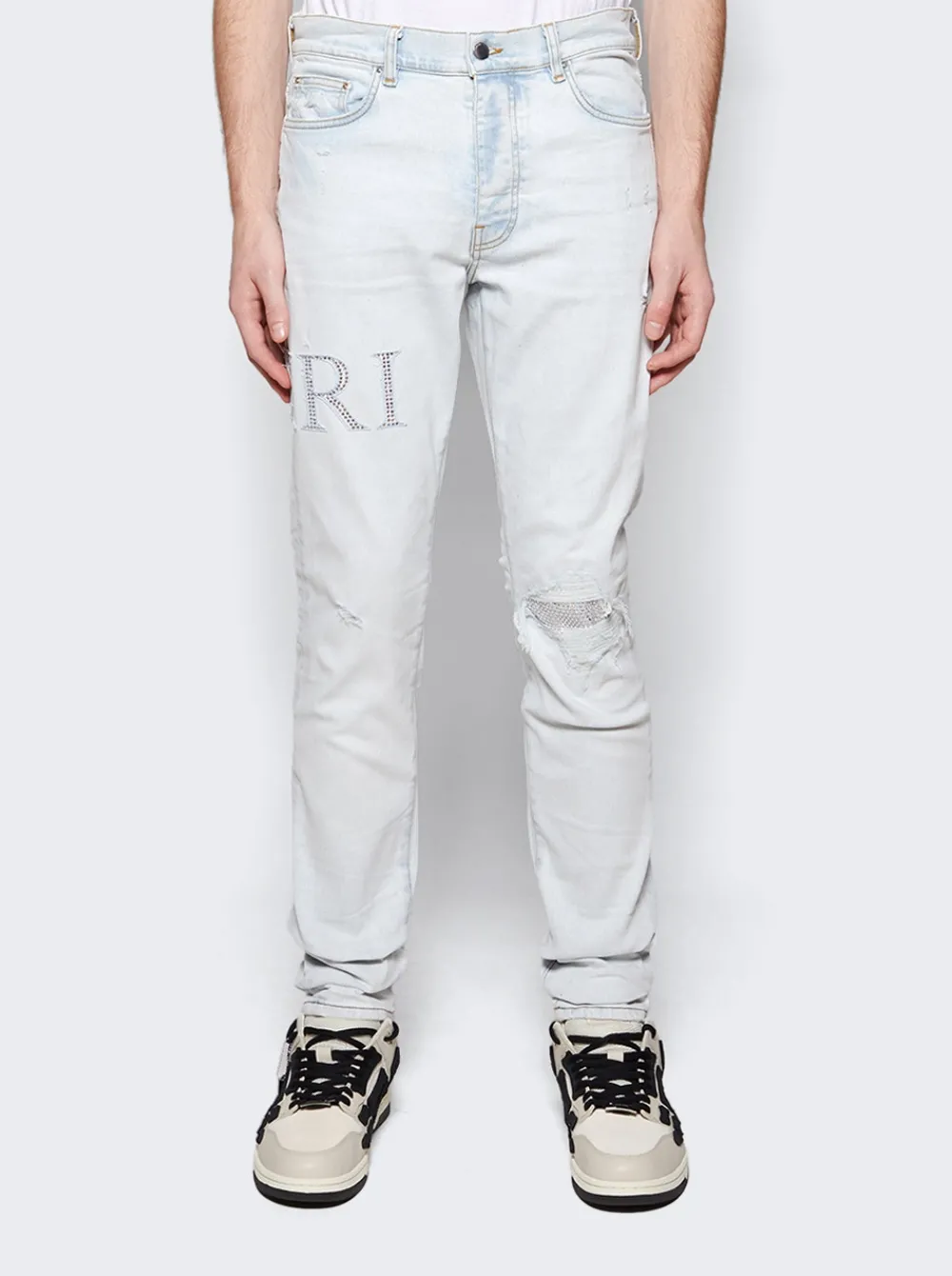 Amiri Crystal Logo Distressed Jeans Bleached Indigo