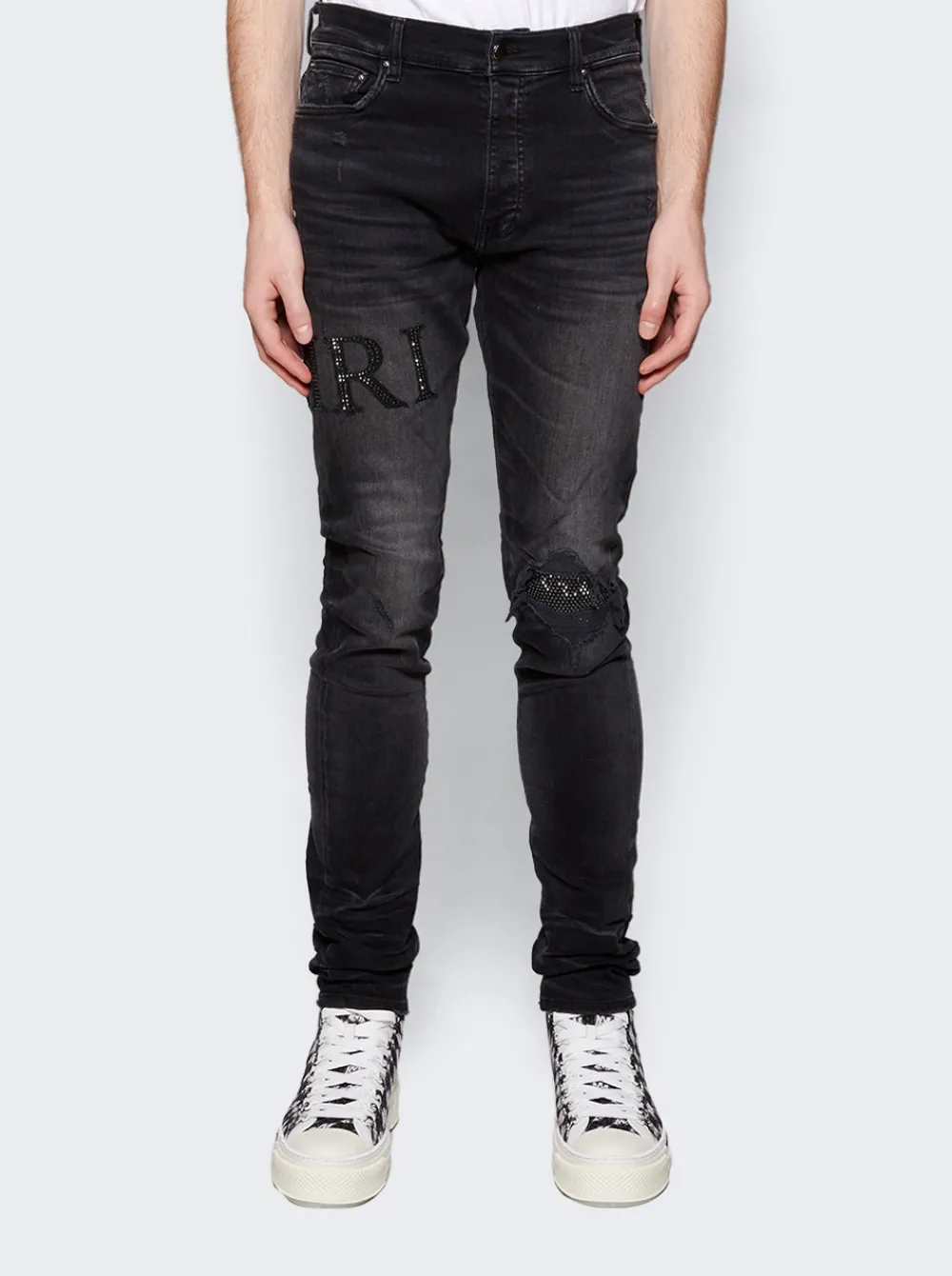 Amiri Crystal Logo Distressed Jeans Faded Black