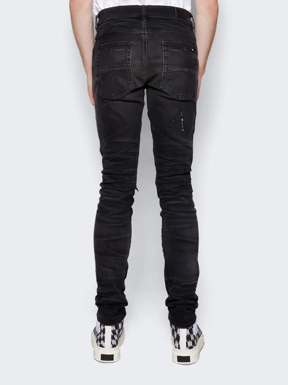 Amiri Crystal Logo Distressed Jeans Faded Black