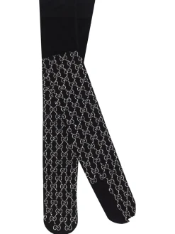 Gucci Embellished Crystal Logo Tights Black And Light Grey