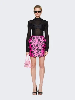 Versace Floral Print Pleated Duchesse Satin Mini Skirt Black And Waterlily