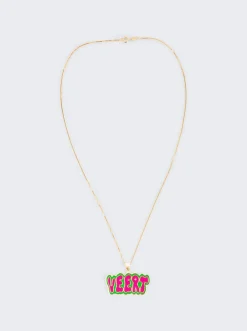 VEERT Green And Pink Retro Logo Pendant With Chain Yellow Gold
