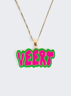 VEERT Green And Pink Retro Logo Pendant With Chain Yellow Gold