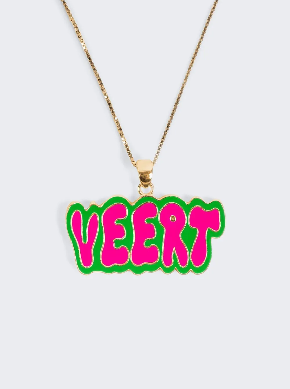 VEERT Green And Pink Retro Logo Pendant With Chain Yellow Gold