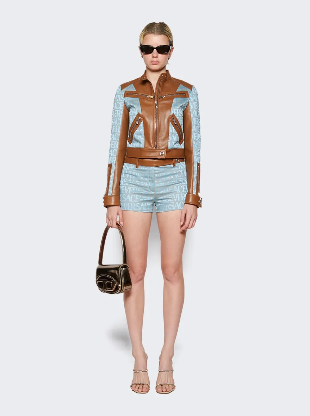 Versace Leather Logo Short Pale Blue And Beige