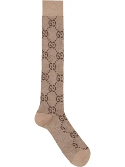 Gucci Love Parade Lame Gg Logo Socks Shell Dark Brown