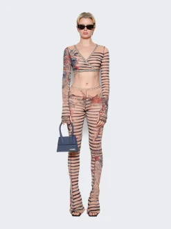 Jean Paul Gaultier Mariniere Tattoo Flare Trousers Nude And Blue