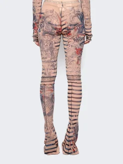 Jean Paul Gaultier Mariniere Tattoo Flare Trousers Nude And Blue