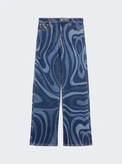 Pucci Marmo-Print Denim Wide Leg Jeans Blue