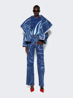 Pucci Marmo-Print Denim Wide Leg Jeans Blue