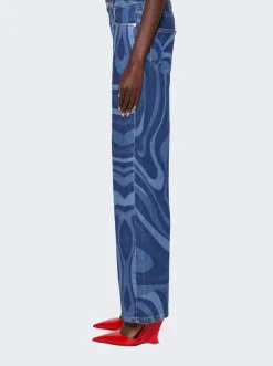 Pucci Marmo-Print Denim Wide Leg Jeans Blue