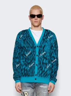 Amiri Mohair Cheetah Cardigan Aqua