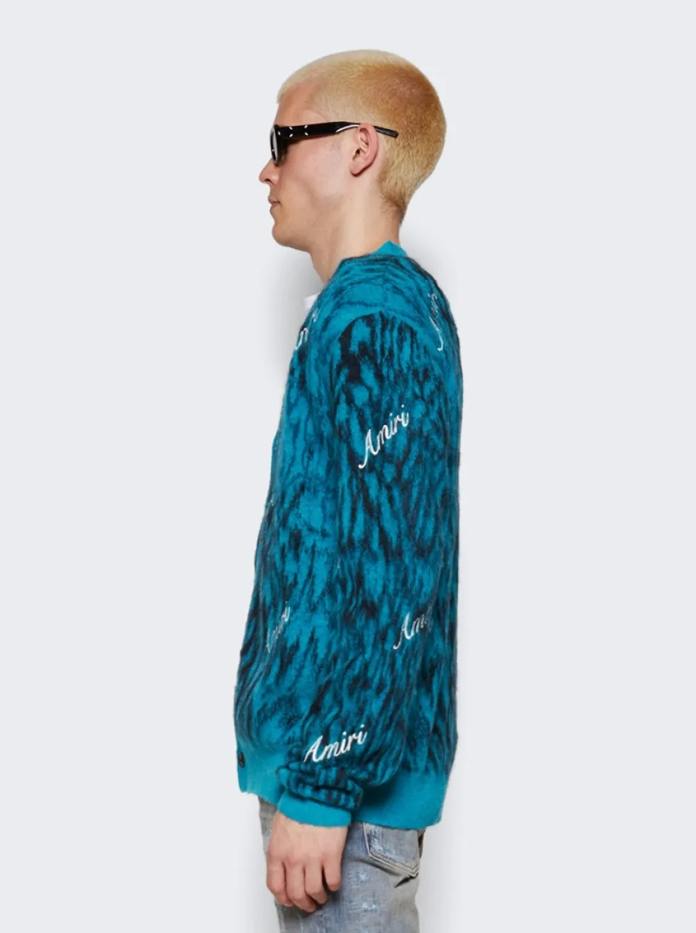 Amiri Mohair Cheetah Cardigan Aqua
