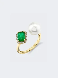 SHAY Pearl And Emerald Tilted Halo Twin Ring 18K Yellow Gold