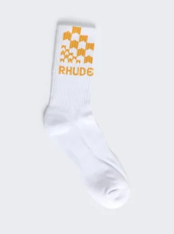 Rhude Racing Checker Socks White And Mustard