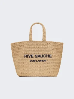 Saint Laurent Rive Gauche Supple Raffia Crochet Tote Natural And Deep Marine