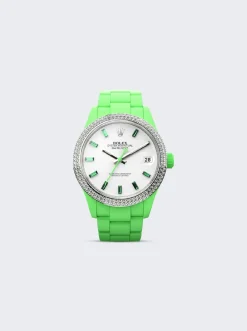 PRIVATE LABEL LONDON Rolex Datejust Double Row White Diamond Bezel Heat Treated Green Sapphire Hour Markers Oyster Bracelet