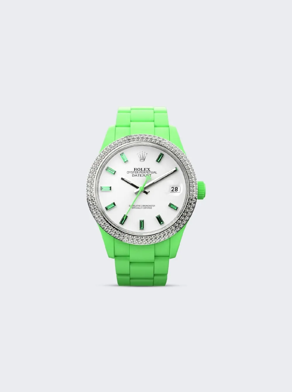 PRIVATE LABEL LONDON Rolex Datejust Double Row White Diamond Bezel Heat Treated Green Sapphire Hour Markers Oyster Bracelet
