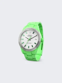 PRIVATE LABEL LONDON Rolex Datejust Double Row White Diamond Bezel Heat Treated Green Sapphire Hour Markers Oyster Bracelet