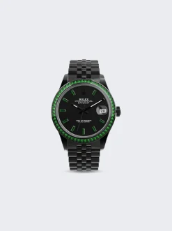 PRIVATE LABEL LONDON Rolex Datejust Heat Treated Green Sapphire Bezel Black Dial Sapphire Green Hour Markers Jubilee Bracelet
