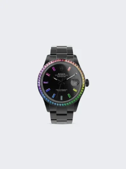 PRIVATE LABEL LONDON Rolex Datejust Heat Treated Rainbow Sapphire Bezel Black Dial Sapphire Multi Color Hour Markers Oyster Bracelet