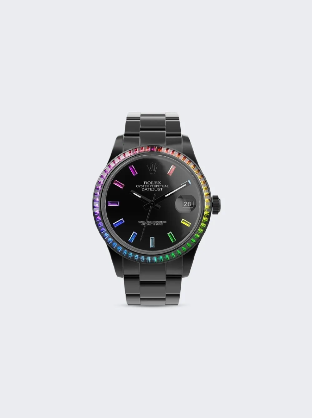 PRIVATE LABEL LONDON Rolex Datejust Heat Treated Rainbow Sapphire Bezel Black Dial Sapphire Multi Color Hour Markers Oyster Bracelet