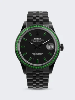 PRIVATE LABEL LONDON Rolex Datejust Heat Treated Green Sapphire Bezel Black Dial Sapphire Green Hour Markers Jubilee Bracelet