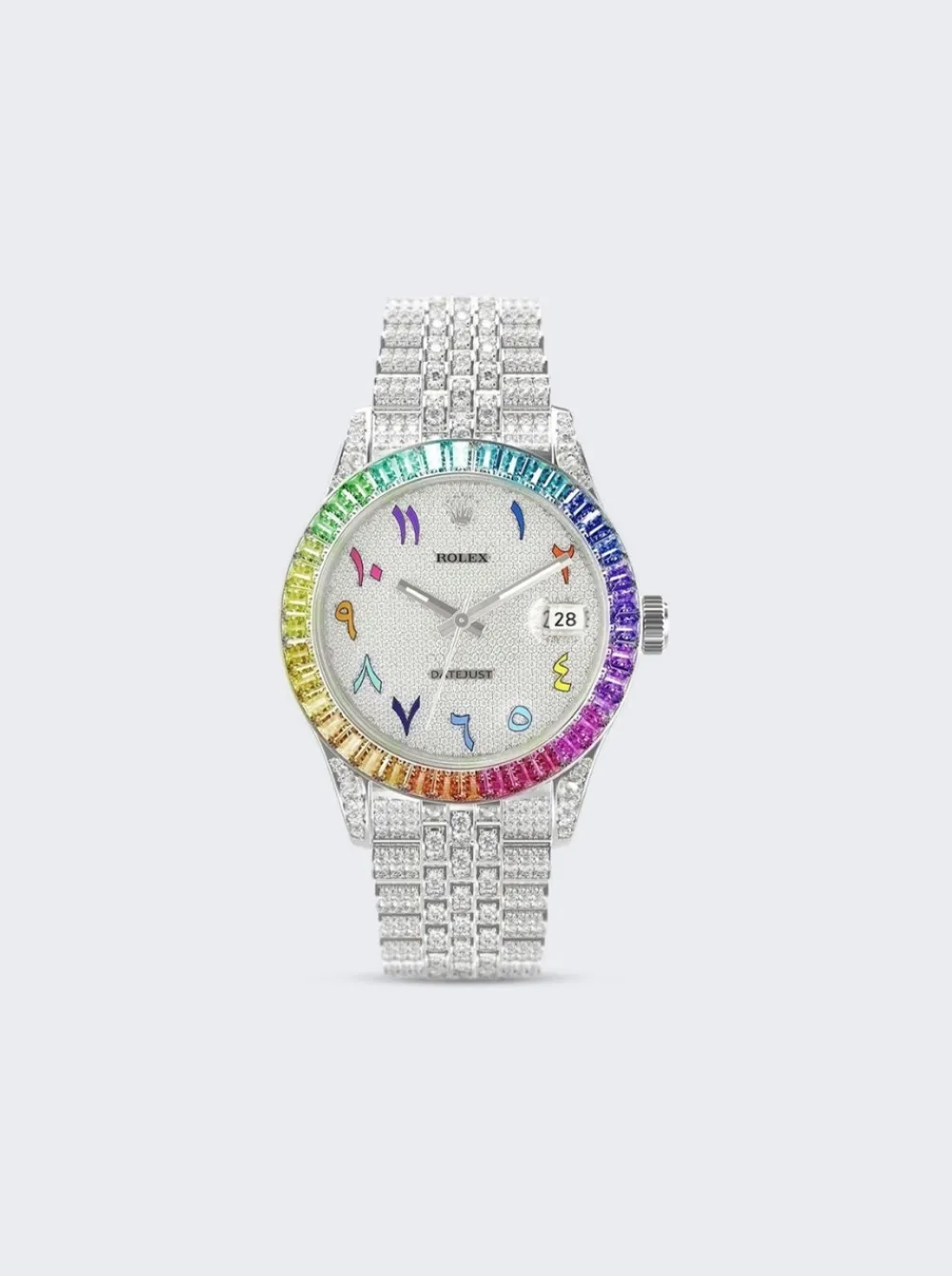 PRIVATE LABEL LONDON Rolex Datejust Jubilee Bracelet Rainbow Sapphire Bezel White Diamond Pave