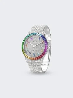 PRIVATE LABEL LONDON Rolex Datejust 36Mm White Diamond Pave Dial With Rainbow Sapphire Bezel
