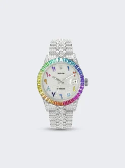 PRIVATE LABEL LONDON Rolex Datejust 36Mm White Diamond Pave Dial With Rainbow Sapphire Bezel