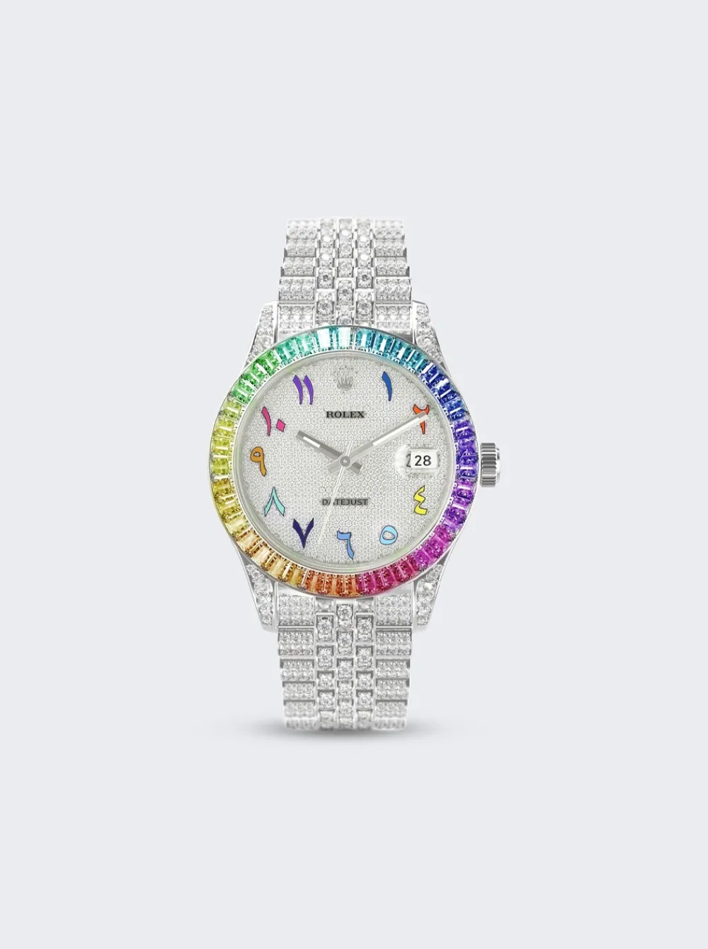 PRIVATE LABEL LONDON Rolex Datejust 36Mm White Diamond Pave Dial With Rainbow Sapphire Bezel