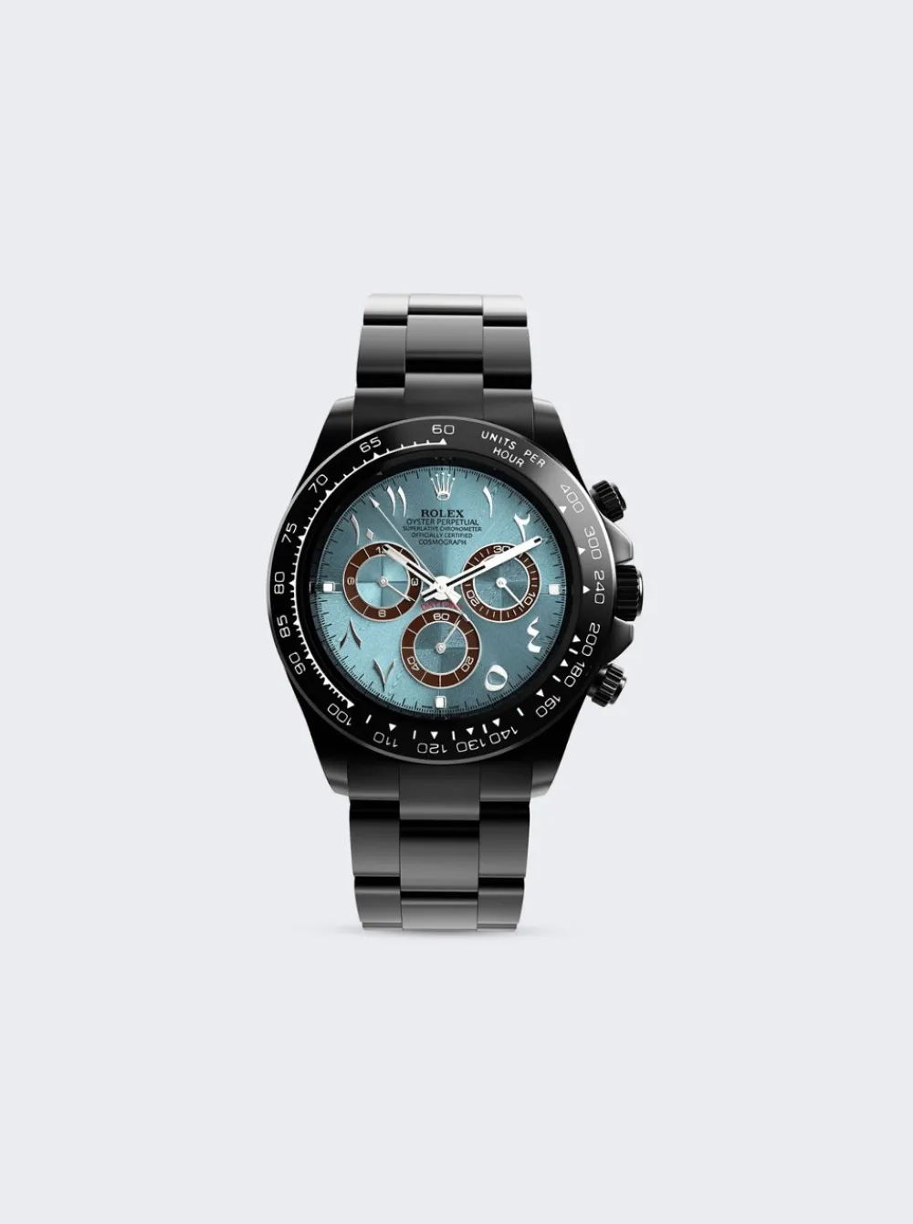PRIVATE LABEL LONDON Rolex Daytona Black Coated Bezel Blue Sunburst Dial Urdu Hour Markers Oyster Bracelet