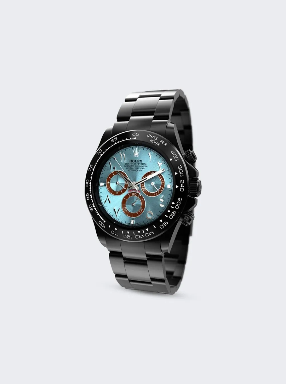 PRIVATE LABEL LONDON Rolex Daytona Black Coated Bezel Blue Sunburst Dial Urdu Hour Markers Oyster Bracelet