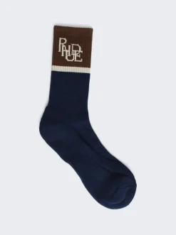 Rhude Suiting Logo Socks Navy And Brown