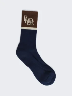 Rhude Suiting Logo Socks Navy And Brown