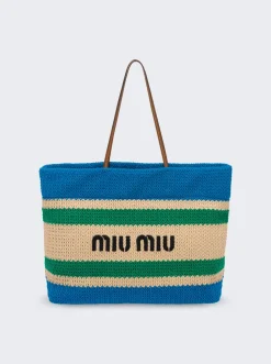 Miu Miu Tessuto Striped Fabric Tote Natural, Blue, And Green