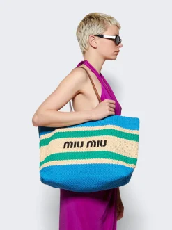Miu Miu Tessuto Striped Fabric Tote Natural, Blue, And Green