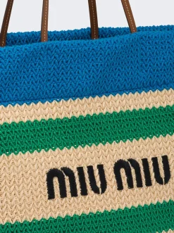 Miu Miu Tessuto Striped Fabric Tote Natural, Blue, And Green
