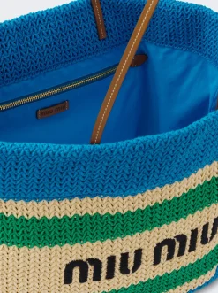 Miu Miu Tessuto Striped Fabric Tote Natural, Blue, And Green