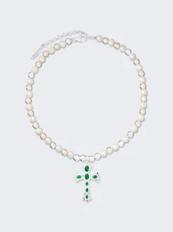 VEERT The Green Cross Freshwater Pearl Necklace White Gold