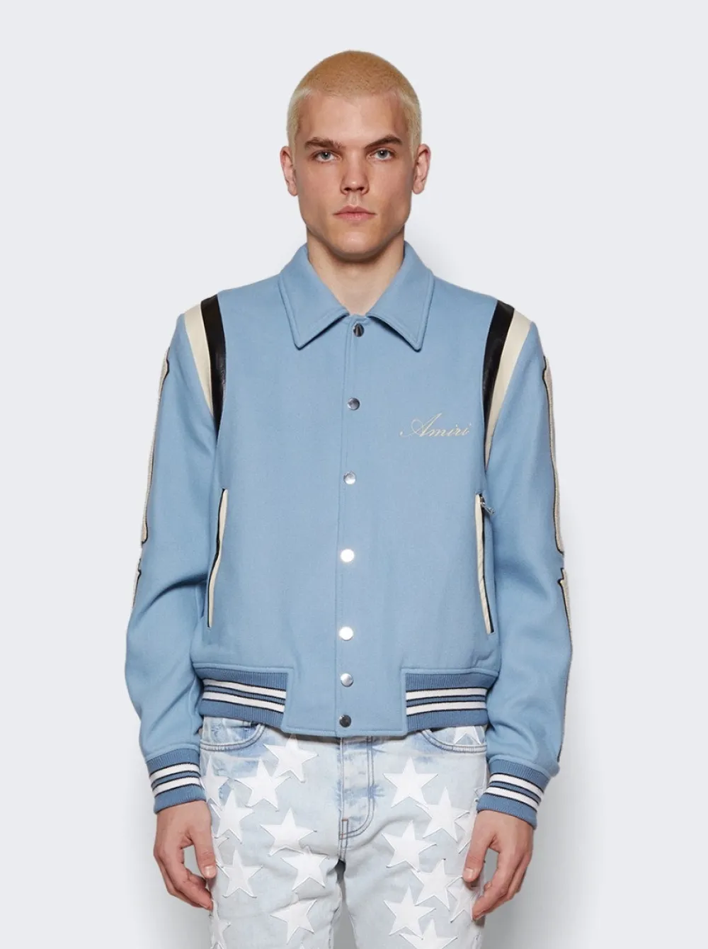 Amiri Varsity Bones Bomber Jacket Slate Blue